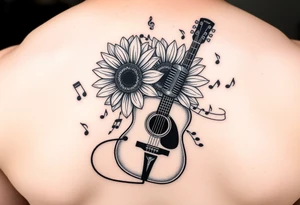 sunflower with guitar angling behind with music notes flowing through with a
 microphone tattoo idea