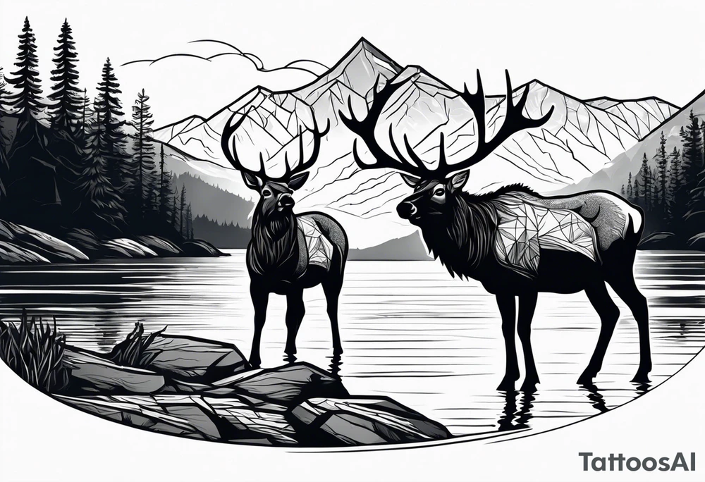 male and female elk near water with mountain landscape in the background with as little black as possible tattoo idea