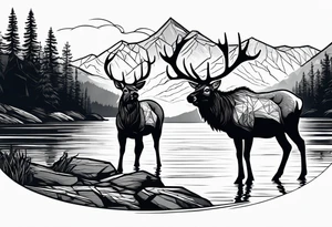 male and female elk near water with mountain landscape in the background with as little black as possible tattoo idea