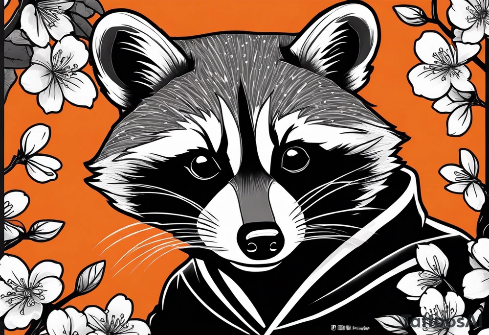 Raccoon wearing a white Superman logo on a black hoodie and orange Japanese cherry blossoms tattoo idea