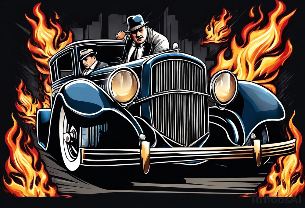 capone style gangsters having a shootout against a dark background scene with flames blues tattoo idea