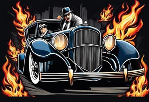 capone style gangsters having a shootout against a dark background scene with flames blues tattoo idea