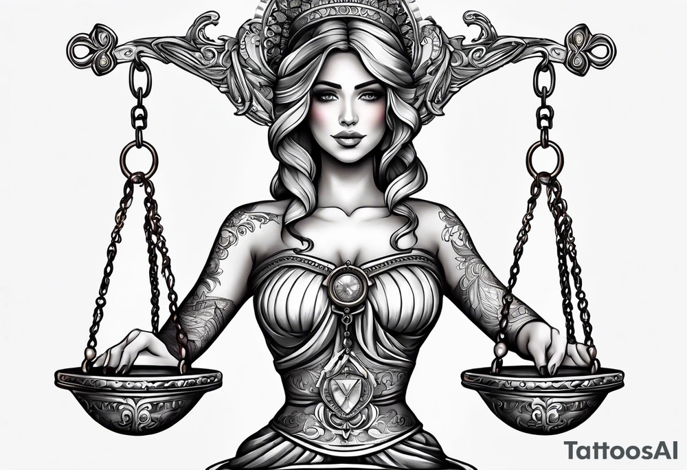 Intricate libra scales held by a beautiful woman tattoo idea