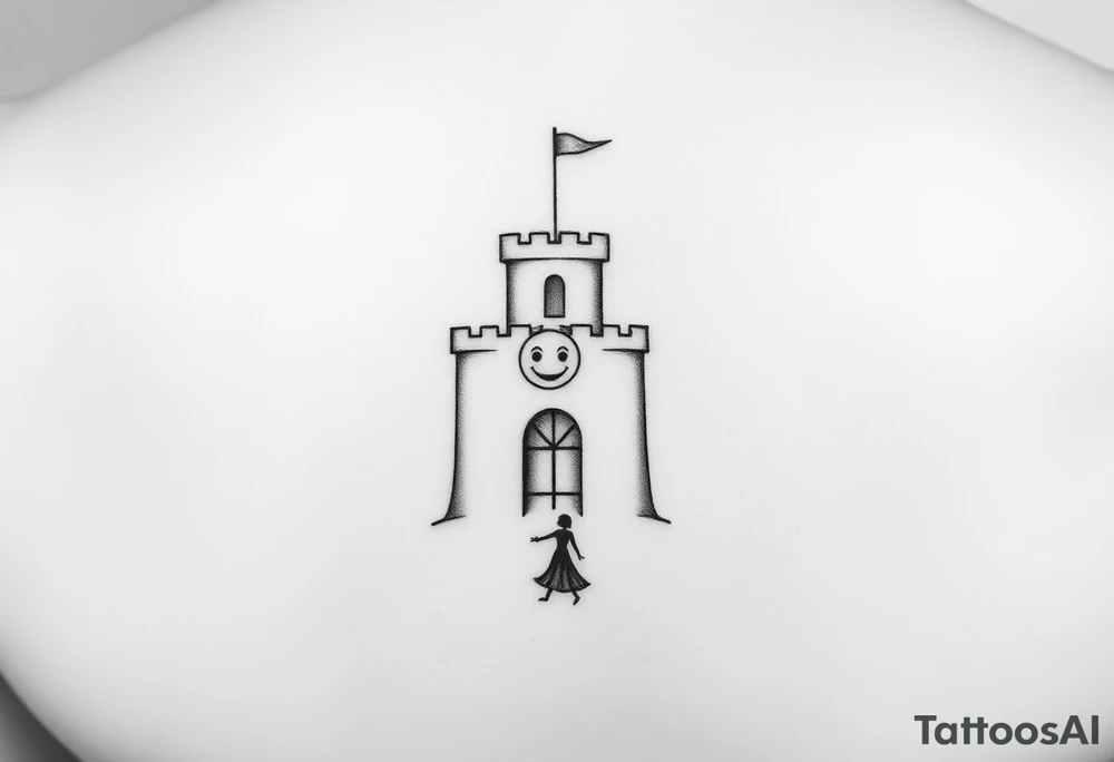 Draw a minimal trapezoid shape as the main background.

Inside the trapezoid:

A small simple castle at the top center, with smooth walls and a short tower on one side.

A tiny black rectangle (like a small brick) inside the castle wall, representing a Tramadol pill.

A small smiling mask on the tower, with two dots for eyes and a curved line for a mouth.

A thin irregular crack running from the bottom to the top of the castle wall.

A thin diagonal ray of light coming out of one castle window.

A very simple abstract figure of a dancer in the castle courtyard, made of a few lines.


The design should look clean and minimal overall. tattoo idea