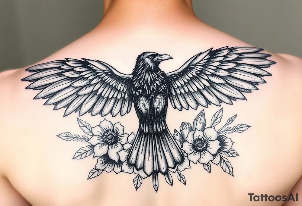 A raven with outstretched wings, surrounded by flowers and crystals tattoo idea