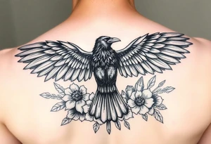 A raven with outstretched wings, surrounded by flowers and crystals tattoo idea