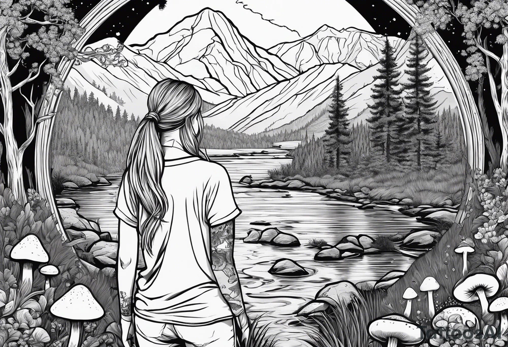Whole picture encircled fully

Straight long blonde hair hippie girl in distance holding mushrooms in hand facing away toward mountains and creek surrounded by mushrooms long sleeve shirt and hiking pants; whole rendering within a full circle, no cut off circle tattoo idea