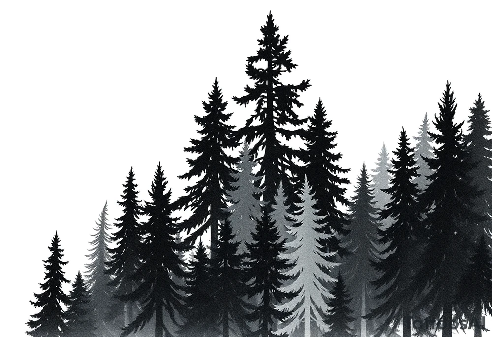 Coniferouse forest silhouette with black and gray trees tattoo idea