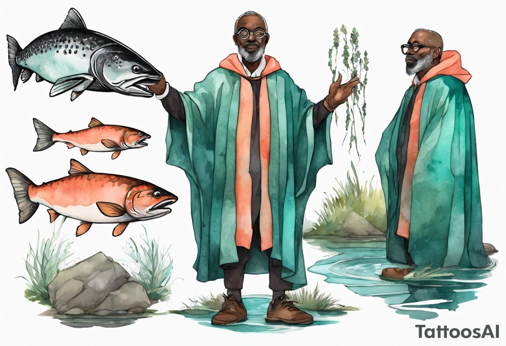 a 50-year-old medieval black man wearing salmon and teal cloak and round glasses standing by a pond with a salmon in it tattoo idea