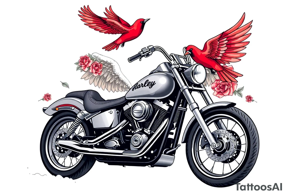 Harley grey motorcycle driving away, two red birds flying, roses, flames, angel wings tattoo idea