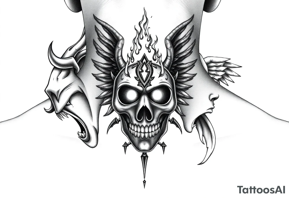 Realistic neck tattoo design. On one side, near one ear, a screaming demon facing inward. On the other side, near the other ear, a screaming angel facing the demon. Between them, in the center of the front neck, a cracked ancient mask with fire and light emerging from inside, symbolizing inner conflict and balance between good and evil. Highly detailed black and grey style, fine line shading, symmetrical, intense emotion, realistic texture. tattoo idea