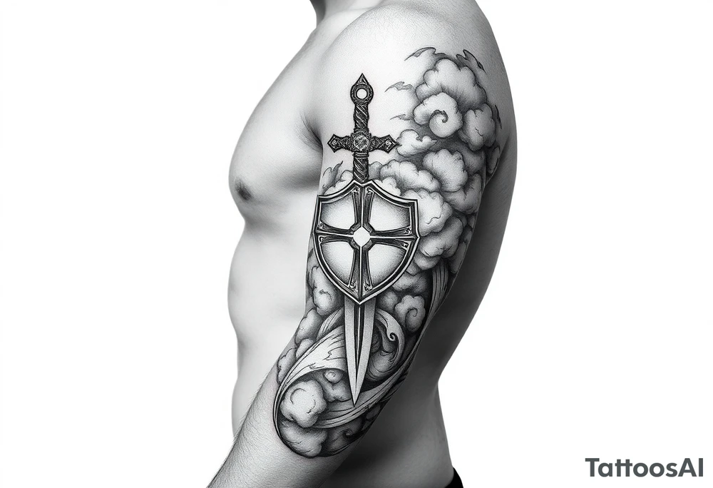 clouds, sword, shield, cross tattoo idea