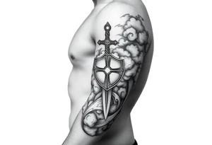 clouds, sword, shield, cross tattoo idea