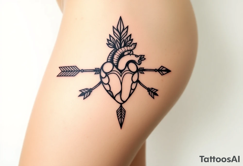 anatomical heart pierced by ornate arrow with flowing ribbons tattoo idea