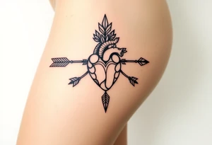 anatomical heart pierced by ornate arrow with flowing ribbons tattoo idea