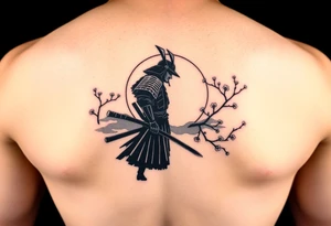 noble samurai warrior silhouette at sunset with cherry blossoms tattoo idea