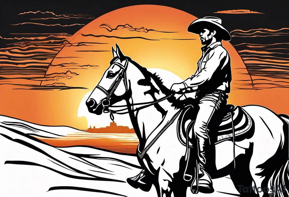 Cowboy on a horse riding in to the sunset silhouette tattoo idea