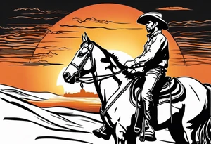 Cowboy on a horse riding in to the sunset silhouette tattoo idea