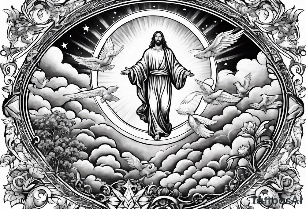 Jesus ascending to heaven with angels and doves and sunbeams around him tattoo idea