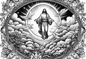 Jesus ascending to heaven with angels and doves and sunbeams around him tattoo idea