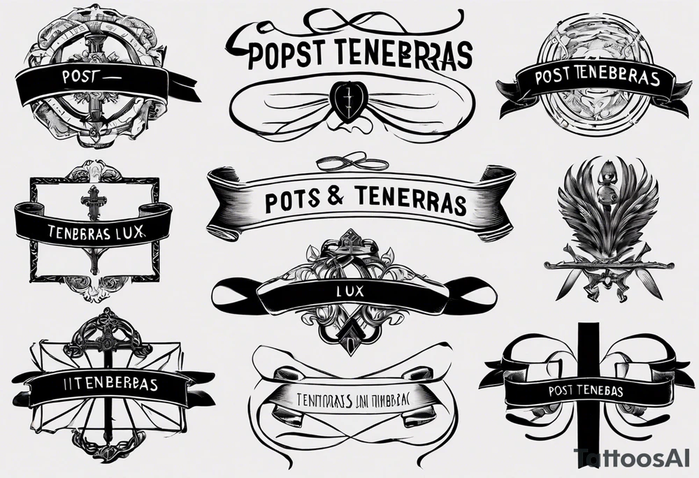 text "POST TENEBRAS LUX" in roman font on a ribbon with dark shades tattoo idea