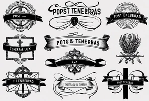 text "POST TENEBRAS LUX" in roman font on a ribbon with dark shades tattoo idea