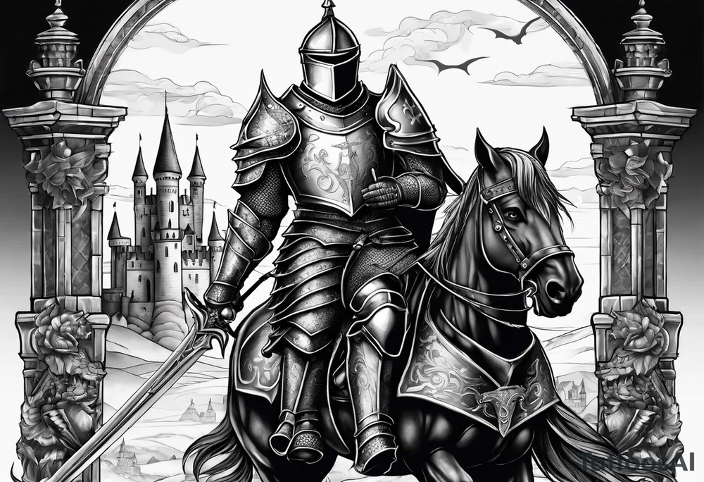 knight in armor full body with castle in background and dragon tattoo idea