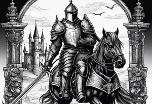 knight in armor full body with castle in background and dragon tattoo idea