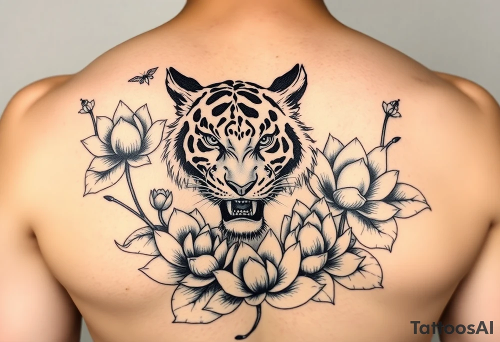 fierce tiger emerging through blooming lotus flowers in mist tattoo idea