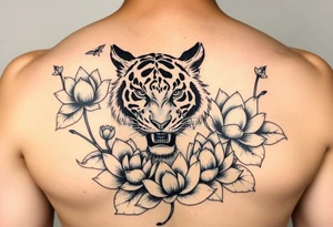 fierce tiger emerging through blooming lotus flowers in mist tattoo idea