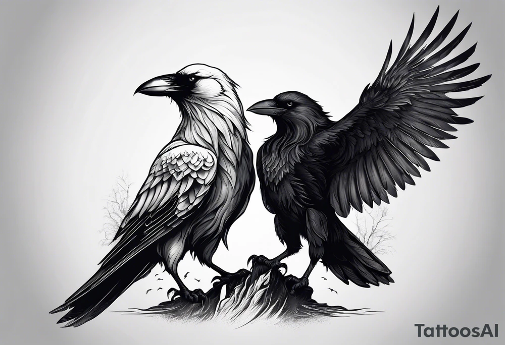 a scary black raven and white wolf facing each other tattoo idea