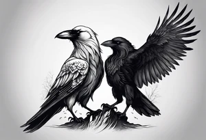 a scary black raven and white wolf facing each other tattoo idea
