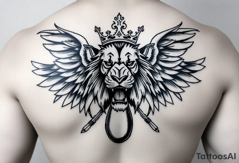 powerful majestic lion with a crown, surrounded by a big penis with wings tattoo idea