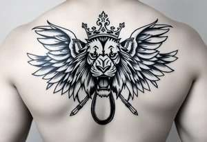 powerful majestic lion with a crown, surrounded by a big penis with wings tattoo idea