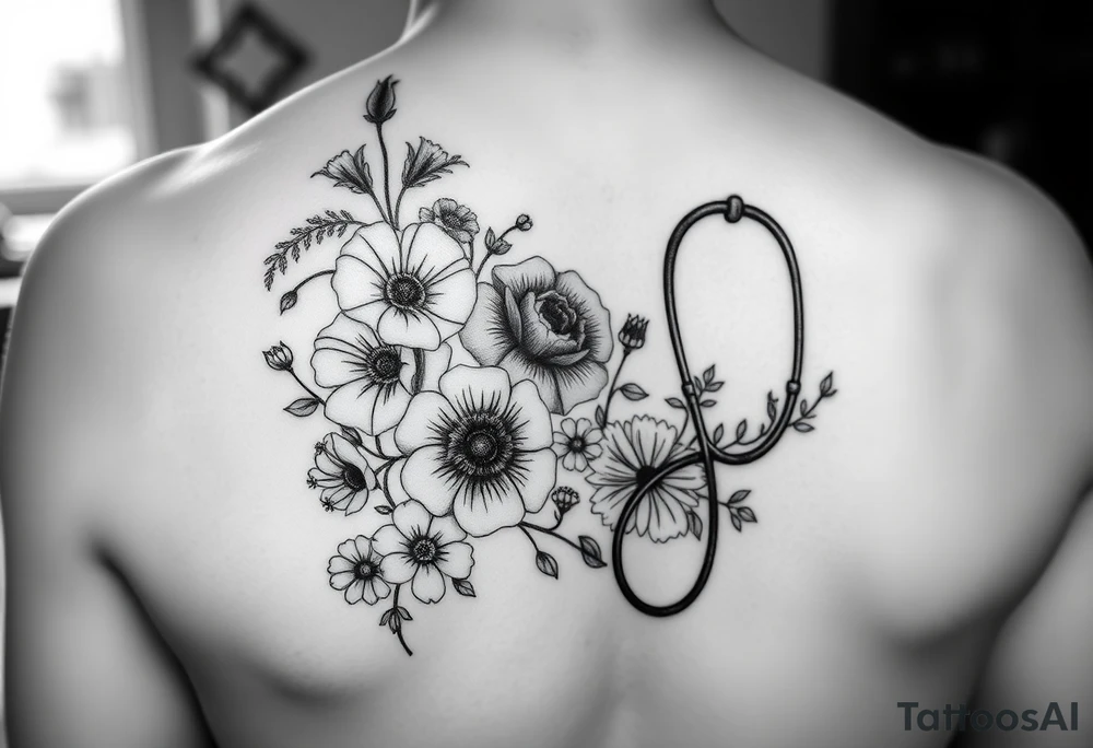 6 inches tall by 4 inches wide approximately, black and white tattoo with a bouquet of hollyhocks, one wild rose, and wild flowers, include a stethoscope along the side with the CNA symbol and the name June Etta , make the stethoscope more noticeable and make the tattoo taller than it is wide tattoo idea