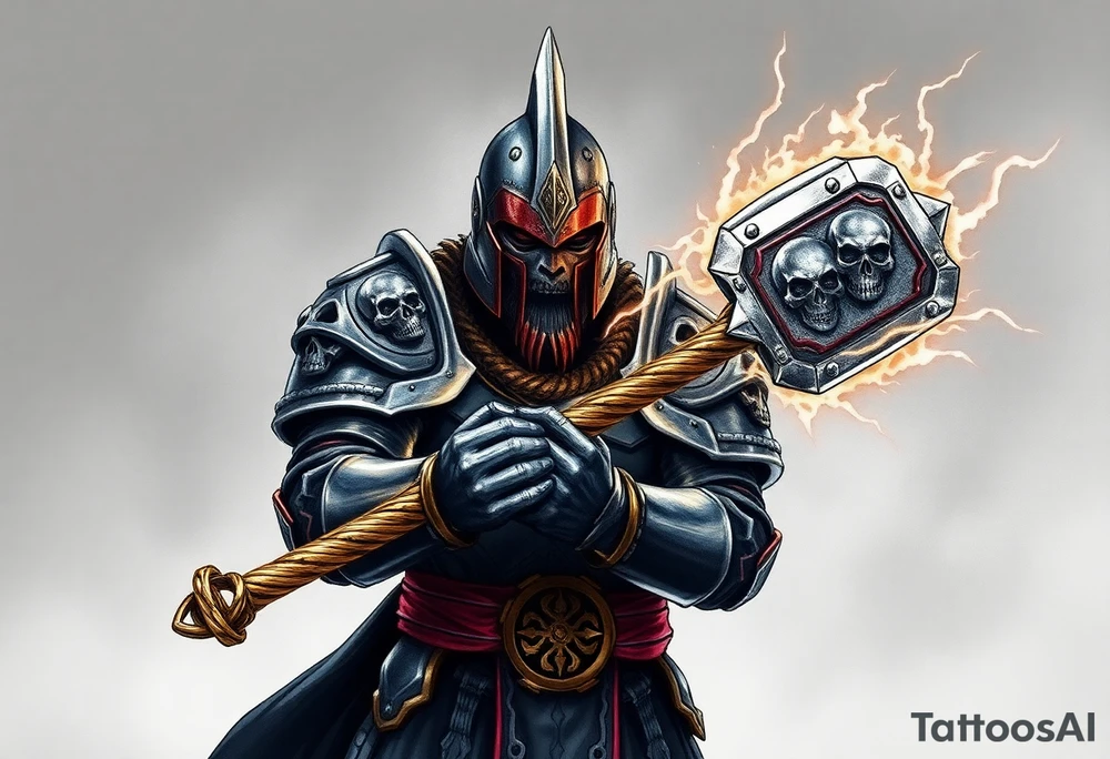 Warhammer, the Old World. A warrior priest of Sigmar holding The Warhammer of Sigmar. The Warhammer of Sigmar is radiating thunderous energy. The Warhammer is held by the warrior priest with both hands at the shaft with a firm grip in order to contain its unlimited energy, upon his chest level. The Warrior priest is wearing dark alloyed heavy armour (reference armor from warhammer vermintide 2 Victor Saltzpyres, the warrior priest of Sigmar class) with skull sigils on his shoulder pads. The warrior priest is wearing a helmet, while the helmets front visor has an humanoid face covering. The helmet and armour are gladened with hints of gold and crimson red. The Warhammer is silverish and golden with a long shaft with twisted carvings. tattoo idea