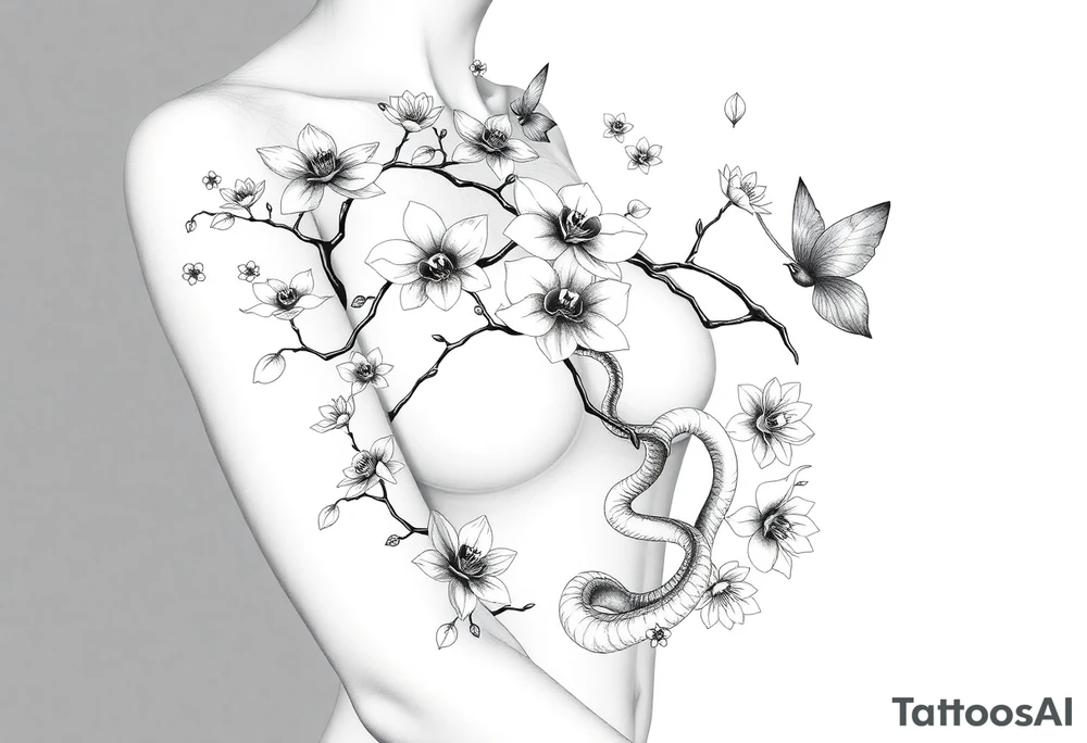 Orchid or cherry blossom tree and lotus and snake and angels on a woman tattoo idea