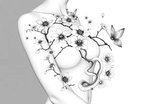 Orchid or cherry blossom tree and lotus and snake and angels on a woman tattoo idea