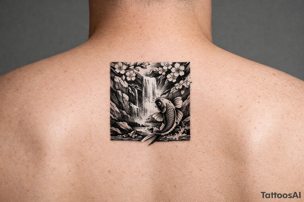 Cherry blossoms, waterfall, koi tattoo idea