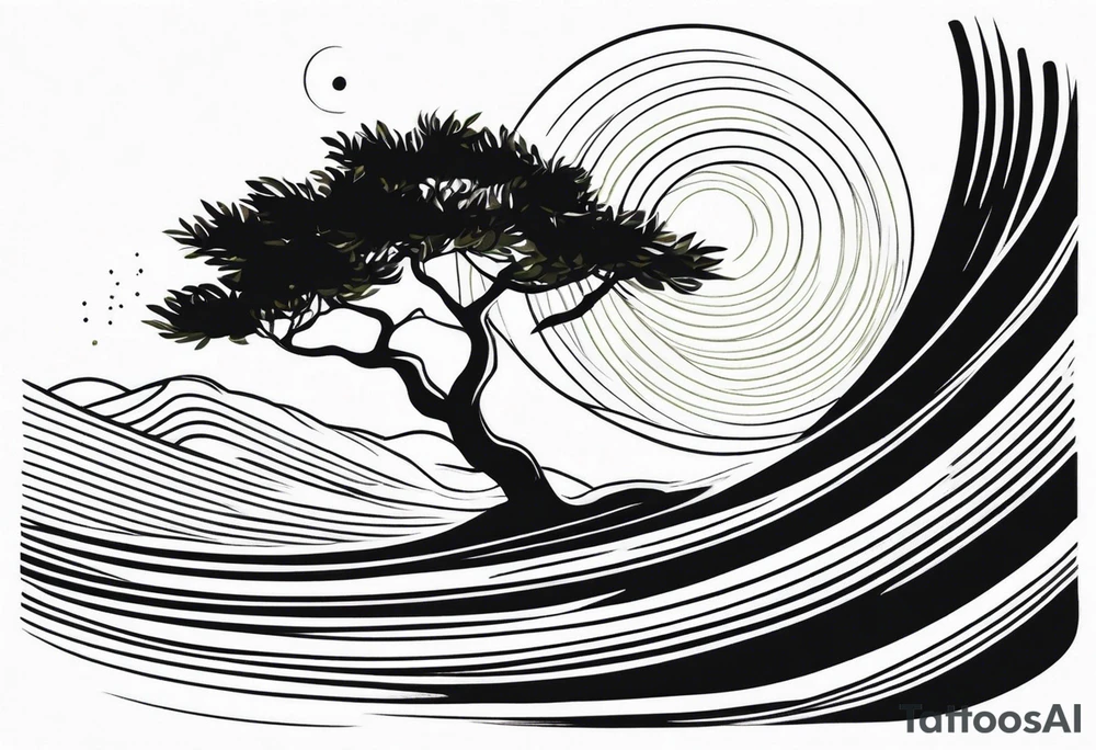 Olive tree into waves, ocean, sun for wrist tattoo idea Olive tree into waves, ocean, sun for wrist tattoo idea
