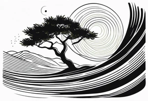 Olive tree into waves, ocean, sun for wrist tattoo idea