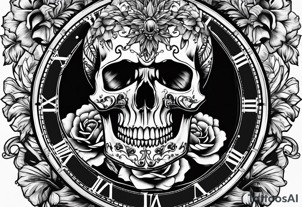 clock and skull tattoo idea