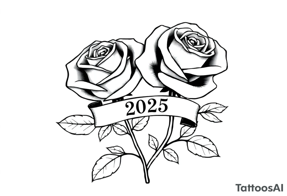 two beautiful large rose buds, one larger than the other, with many leaves next to the rose buds, with one sitting higher than the other. Include a banner connecting the two roses with the year 2025 on it.   Use dark outlines with little shading. The two stems should be short, not long, and connect and join into one stem, whimsically curved or twisted - not straight down. tattoo idea