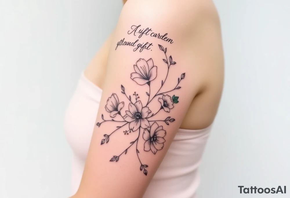 🌿 Right Arm Sleeve
	•	Top shoulder: “Soft but strong, kind but powerful.”
→ Wrapped with light olive vines
	•	Mid-arm: Peonies, lilies, tulips (your favorites)
→ Optional red ink in petal accents
	•	Lower arm/wrist: Vine wrap
→ Script: “Trust God”
	•	Style: Light, flowing, fine-line — NOT bold or filled-in

⸻

🌸 Spine Tattoo & Flow
	•	Already present floral spine tattoo
	•	New elements will connect from your sleeve, flow down from the right shoulder, lightly wrapping into your back
	•	Inspired by the reference with floral script diagonally across the spine
	•	Optional soft red ink details to enhance movement

⸻

🍑 Left Thigh + Butt
	•	Quote: “A garden of her own”
→ Placed on side of butt, flowing from lower back
	•	Floral extension down the thigh — tulips/peonies
	•	Minimal, romantic, fine-line

⸻

👣 Right Ankle
	•	Vine wrap with script: “walk in grace”
→ Placement wraps side ankle or above heel

⸻

✨ Left Arm Details
	•	Inner upper arm (2 stacked lines):
“She is clothed in strength and dignity.”
“…and laughs without fear of the future.”
	•	Lower outer arm: Number 7 (simple, small fine-line)
	•	Hand near thumb: “Godspeed” in thin cursive tattoo idea