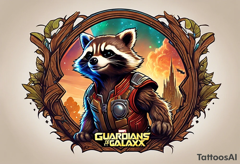 Disney guardians of the galaxy rocket playing with little groot (wooden creature) tattoo idea
