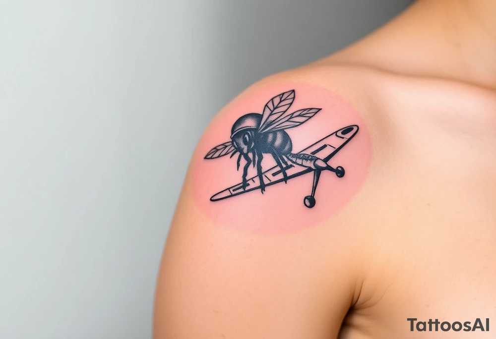 bee with a pilots hat flying next to an airplane tattoo idea