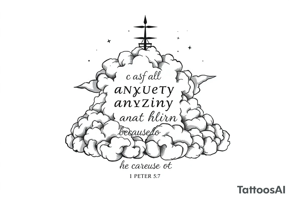 cast all your anxiety on him because he cares for you"  1 peter 5:7 with clouds tattoo idea