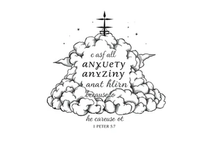 cast all your anxiety on him because he cares for you"  1 peter 5:7 with clouds tattoo idea