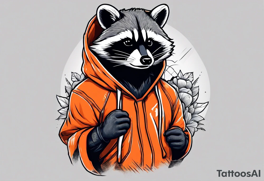 Raccoon wearing an orange Superman hoodie tattoo idea