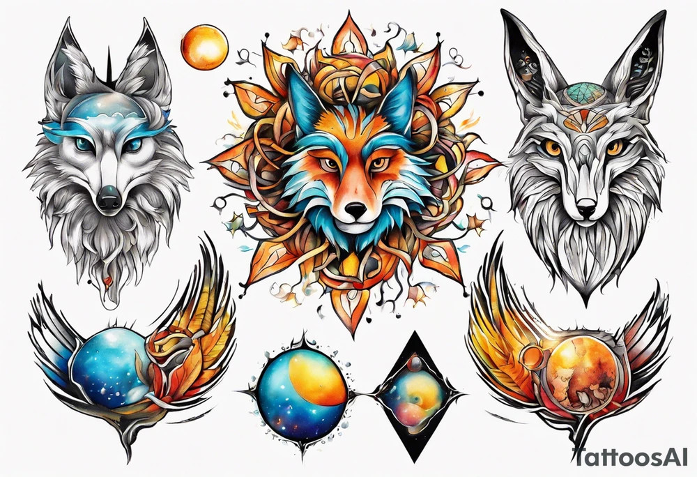 fisch, fuchs und eule , symetrie  sonne, universum, bunt, " sapere aude" tattoo idea